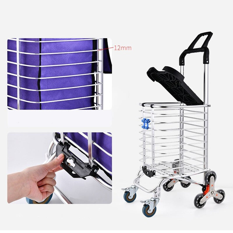 Foldable Shopping Cart Portable Shopping Carts for Groceries Lightweight Stair Climbing Cart with Rolling Swivel Wheels and Removable Canvas Removable Bag for Mom, Dad, Grandma