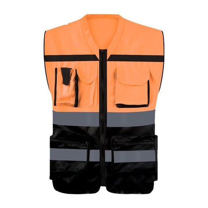 Светоотражающий жилет на молнии с несколькими карманами Предупреждающий жилет безопасности дорожного движения 2 светоотражающие полосы Строительный защитный костюм для верховой езды - флуоресцентный оранжевый + черный