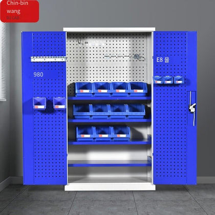 Сверхмощный шкаф для хранения инструментов с подвесной доской, многофункциональный утолщенный двойной дверной шкаф для хранения в заводской мастерской - синий, без сетки
