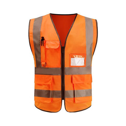 6 шт. флуоресцентно-оранжевый светоотражающий жилет с несколькими карманами и светоотражающей спинкой по центру вязаный трикотаж