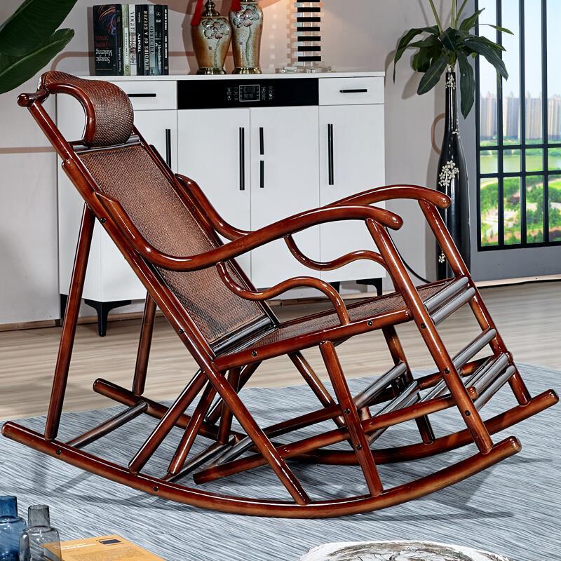 Balcony Leisure Solid Wood Real Rattan Weaving Rocking Chair Sofa Household Adult Back Reclining Chair Single Casual Chair Single Rocking Chair