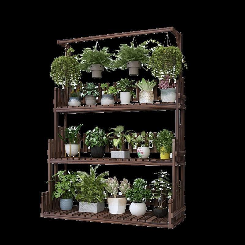 Flower Rack Solid Wood Multi-layer Balcony Hanging Orchid Shelf Decoration Garden Living Room Stepped Flower Pot Rack Floor Type Carbon Color Four-layer 100 Length + Four-wheel Solid Wood