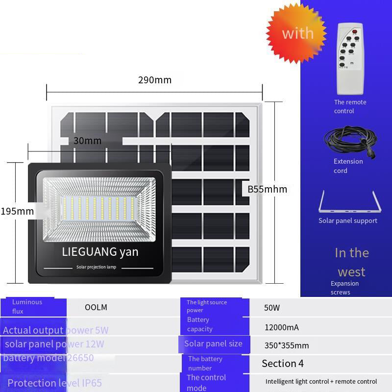 Solar Lamp Street Lamp Household Led Projection Lamp Outdoor Waterproof Remote Control Courtyard Lamp Rural Outdoor Lighting Bright Wall Lamp 50W