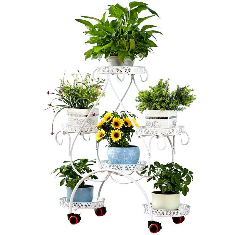 Flower Rack Storage Iron Multi-layer Belt Wheel Floor Type Green Pineapple Flower Pot Rack With White 6-basket Upgrade (brake Caster)