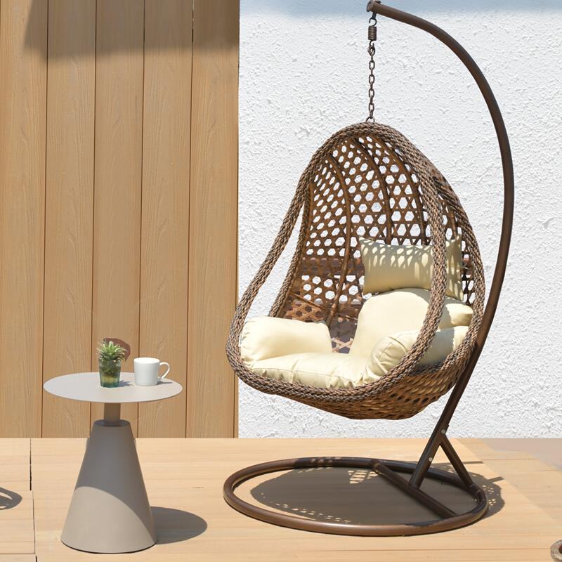 Hanging Basket Rattan Chair Bird's Nest Chair Family Hammock Indoor Balcony Drop Rocking Chair Brown + Tea Table + Chair +Thickened Suspender