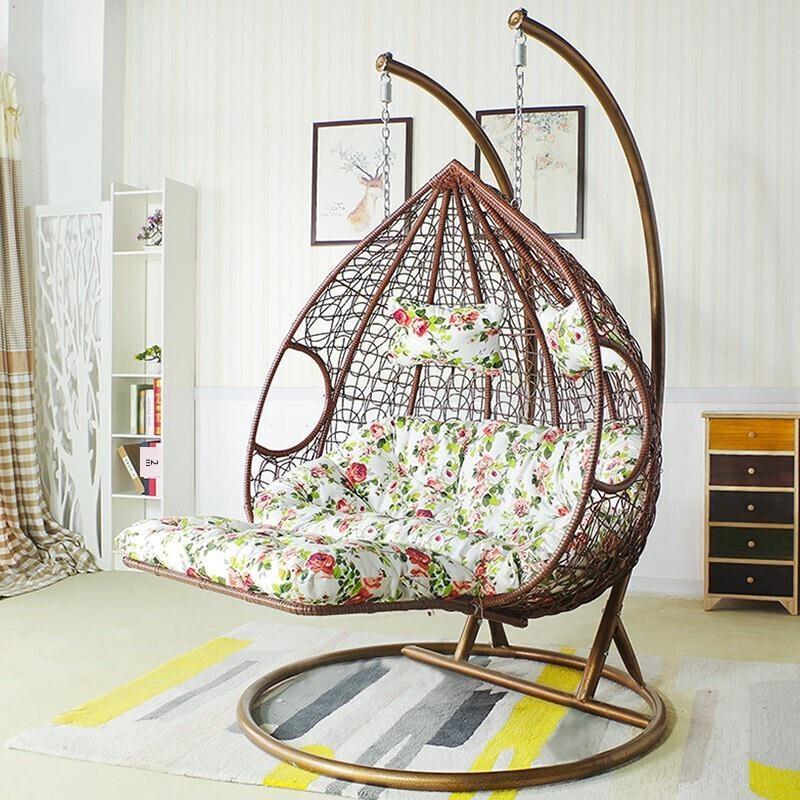 Double Household Hanging Basket Rattan Chair Indoor Swing Balcony Bassinet Chair Lazy Person Hanging Orchid Drop Chair Double Pole Coffee Color Thin
