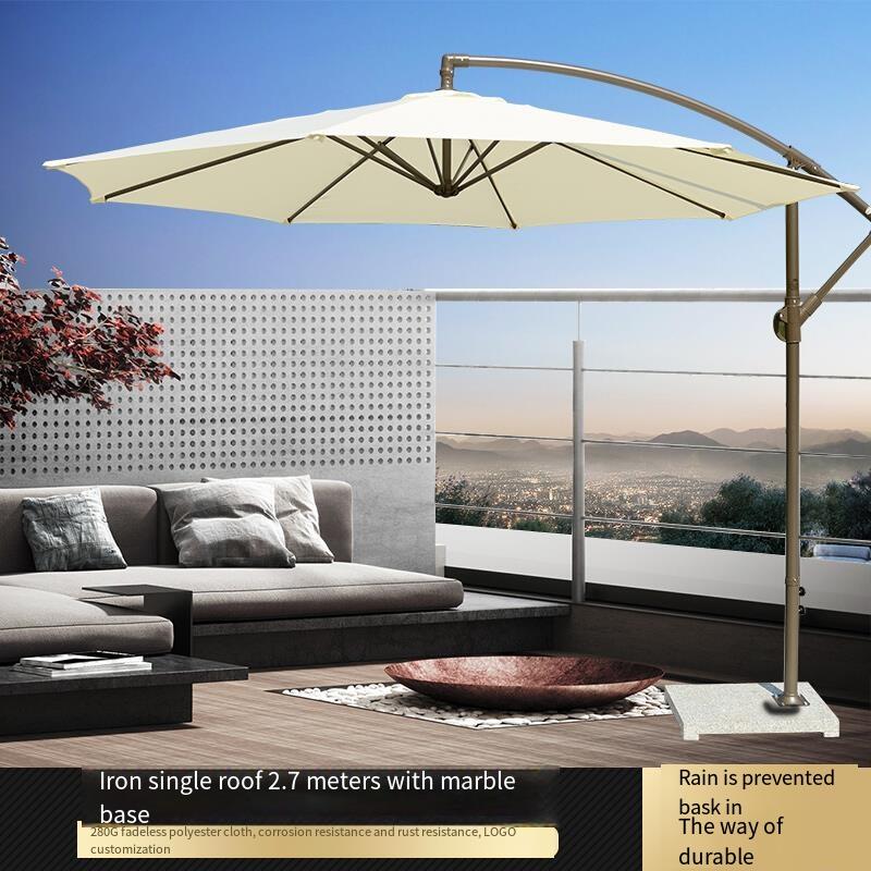Umbrella Outdoor Courtyard Sunshade Large Sun Advertising Stall Beach Activity Umbrella Off White Iron Single Top 2.7m With 70 Catty Marble Base