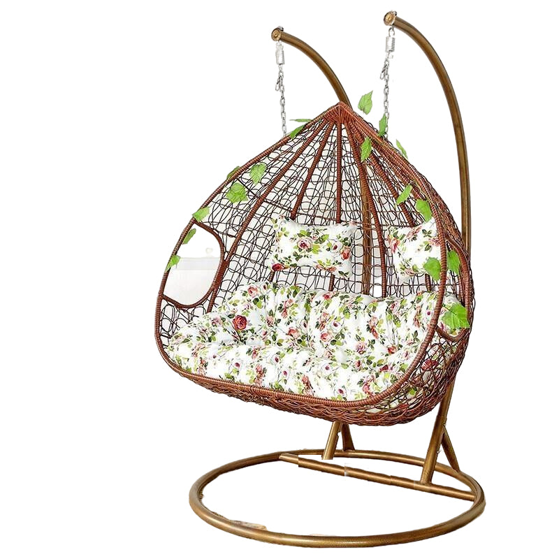 Hanging Basket Rattan Chair Double Indoor Swing Balcony Bassinet Chair Bird's Nest Hammock Lazy Person Drop Chair Double Pole Coffee Color