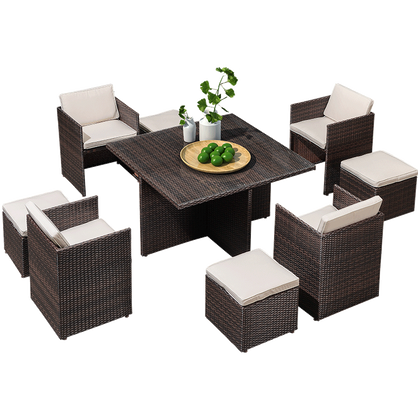 Открытый балкон, стол для отдыха и стул, комбинированный двор, садовая терраса, стул из ротанга, стол и стул для виллы, двор, 4 стула + 4 скамейки + квадратный стол