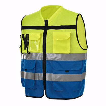 Желтый с темно-синим защитным жилетом. Светоотражающая одежда с высоким предупреждением. Светоотражающий жилет для строителей.