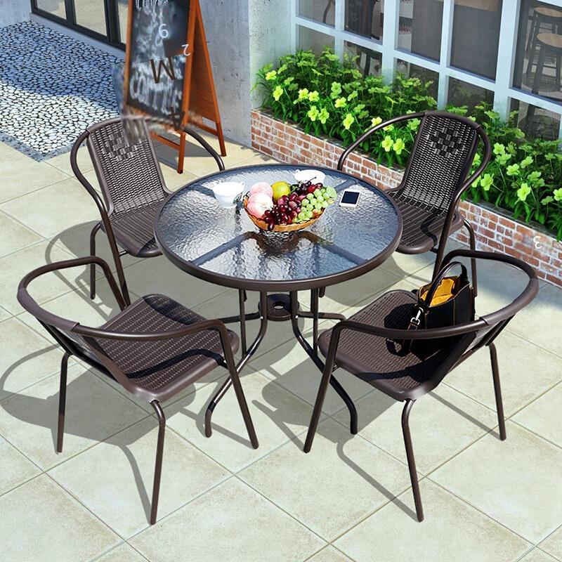 Outdoor Table And Chair Umbrella Combination Three Or Five Sets Of Courtyard Leisure Coffee Balcony Table And Chair Iron Rattan Chair Three Sets Of Balcony Courtyard Outdoor Table And Chair Upgrade Chair: 4 + 1 [with 80cm