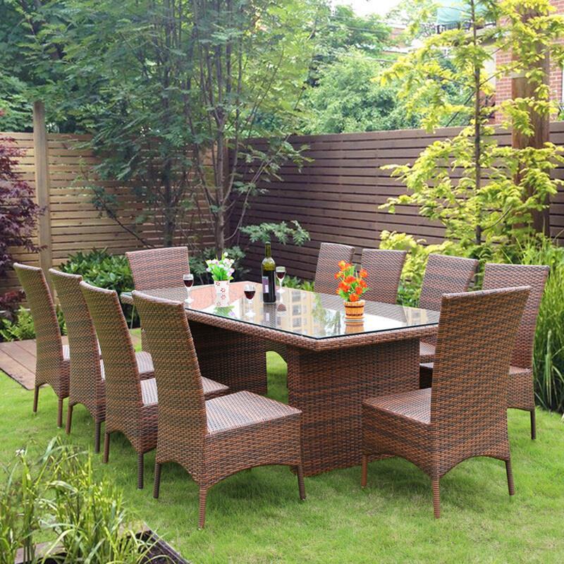 Outdoor Rattan Table And Chair Combination Back Chair Combination Open Garden Courtyard Simple Set 10 Chairs [aluminum Frame] + Long Table (with Cushion)