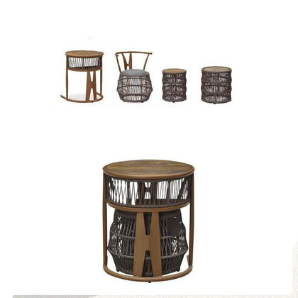 Набор из трех предметов Легкий роскошный стол и стул Комбинация стула из ротанга Открытый садовый чайный столик Коричневый стул + 1 круглый стол с перегородкой + 2 табурета Балконный чайный столик