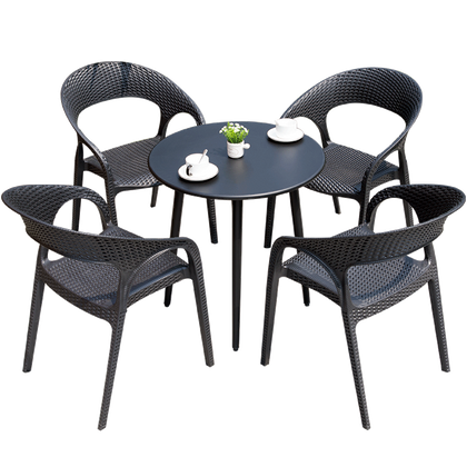 4 Chairs+1 [With 70cm Black Silk Glass Round Table] Rattan Outdoor Table And Chair Courtyard Garden Table And Chair Combination Outdoor Leisure Outdoor Table And Chair Balcony Small Table And Chair Coffee Milk Tea Shop Imitation Rattan Chair Table Set