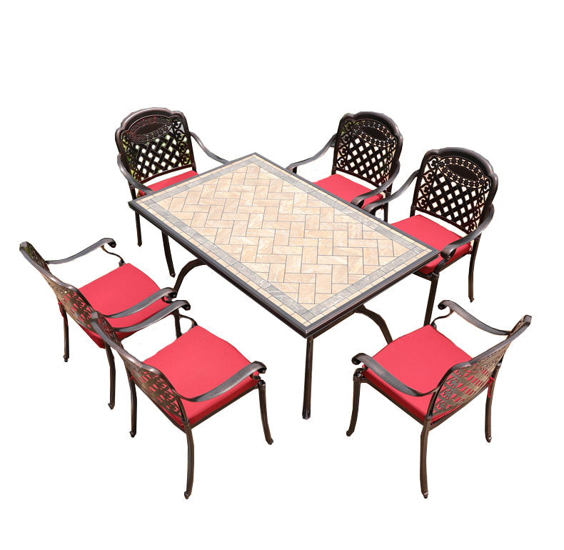Outdoor Cast Aluminum Table And Chair Combination Garden Furniture Dining Table Five Piece Set Anti-corrosion Iron Inclined Grid 6 Chairs + 150 * 90cm Aluminum Clad Long Table